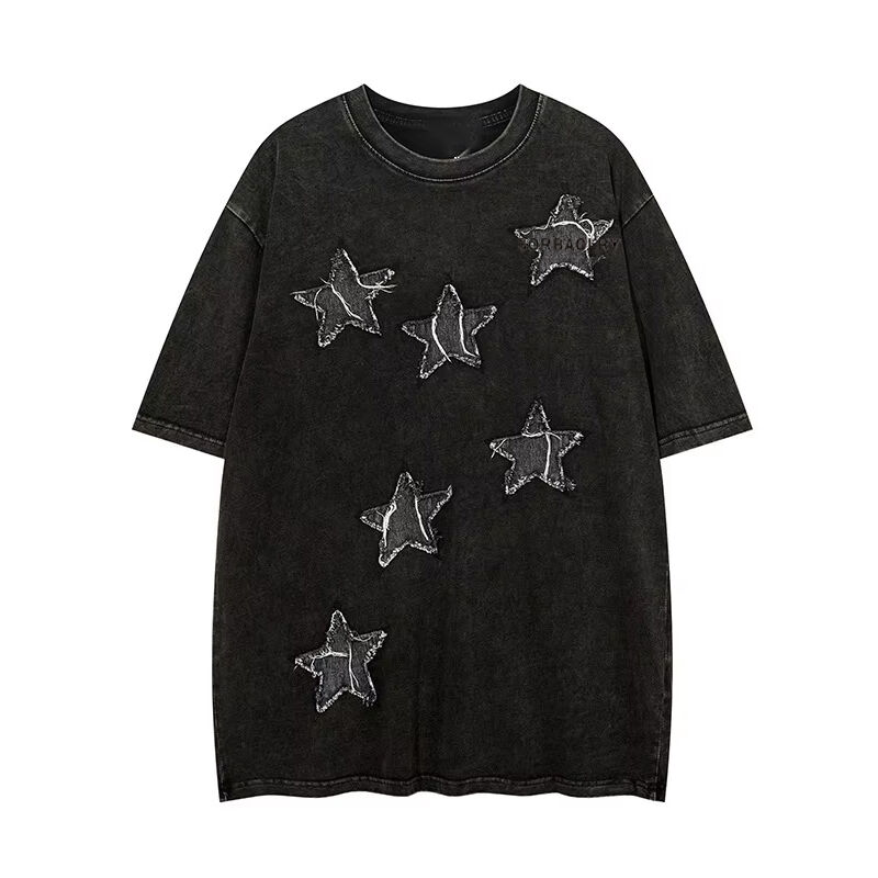 কাস্টম হাই কোয়ালিটি স্ট্রিটওয়্যার ক্রু নেক টি-শার্ট অ্যাপ্লিক প্যাচ এমব্রয়ডারি অ্যাসিড ওয়াশড ভিন্টেজ টি-শার্ট