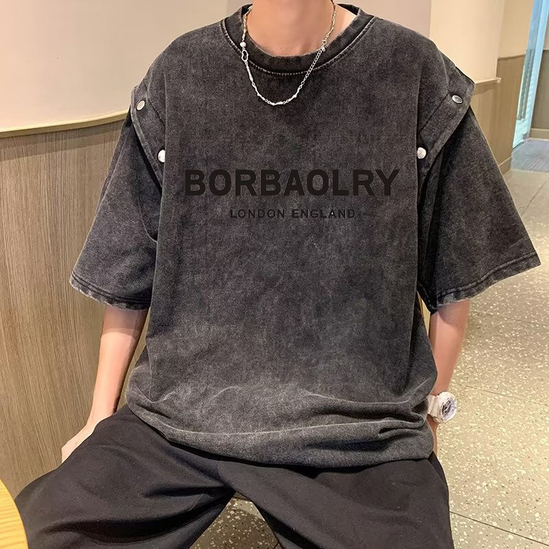 পুরুষদের জন্য ভিন্টেজ ডিস্যাচেবল শর্ট স্লিভ টি-শার্ট, লুজ হেভি কটন অ্যাসিড ওয়াশ টি-শার্ট টপ, সামার ট্রেন্ড ব্র্যান্ড টি-শার্ট