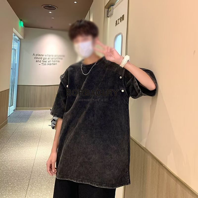 পুরুষদের জন্য ভিন্টেজ ডিস্যাচেবল শর্ট স্লিভ টি-শার্ট, লুজ হেভি কটন অ্যাসিড ওয়াশ টি-শার্ট টপ, সামার ট্রেন্ড ব্র্যান্ড টি-শার্ট