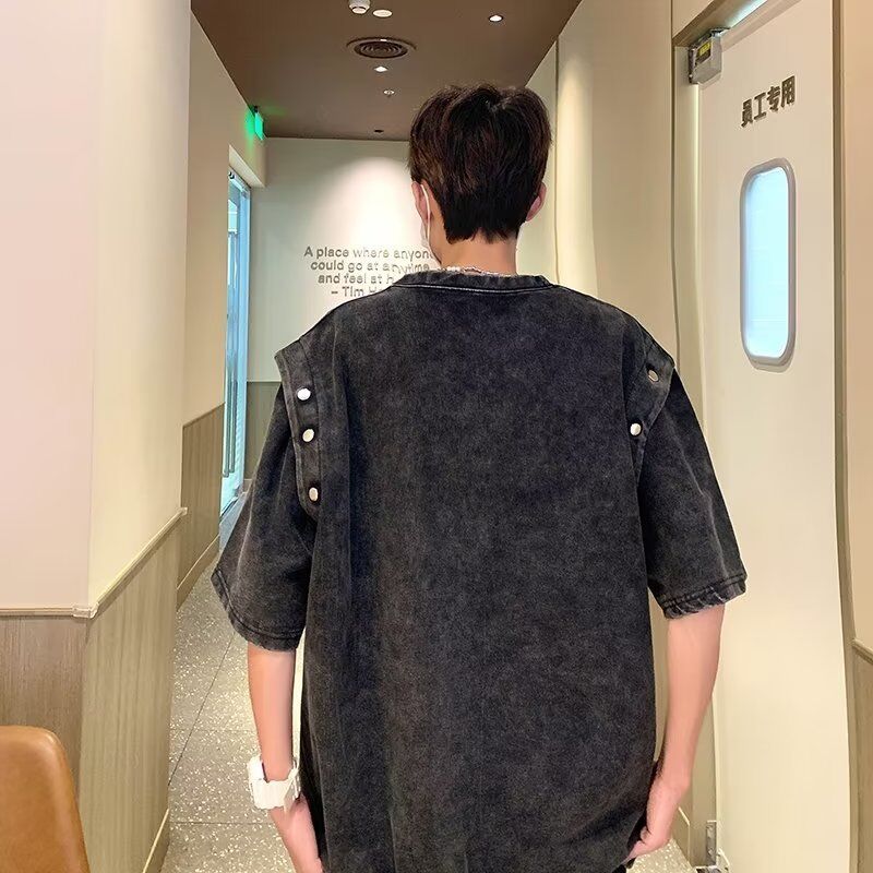 পুরুষদের জন্য ভিন্টেজ ডিস্যাচেবল শর্ট স্লিভ টি-শার্ট, লুজ হেভি কটন অ্যাসিড ওয়াশ টি-শার্ট টপ, সামার ট্রেন্ড ব্র্যান্ড টি-শার্ট