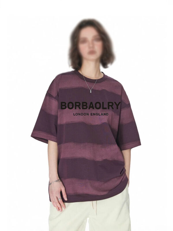 পাইকারি ২২০ গ্রাম টি-শার্ট কটন ফ্যাশন ক্যাজুয়াল লুজ স্ট্রাইপড টপ টাই-ডাই ক্রাফট ড্রপড শোল্ডারস রাউন্ড নেক শর্ট স্লিভ